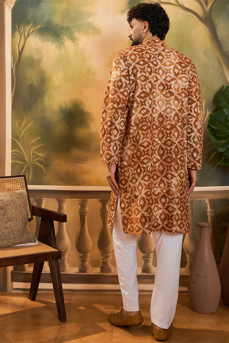 Brown Cotton Batik Embroidered Straight Kurta MKU1461