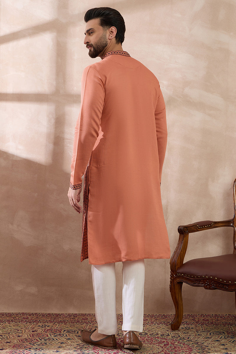 Orange Silk Blend Embroidered Indian Wear for Men MKSET2043 | DesiQlo