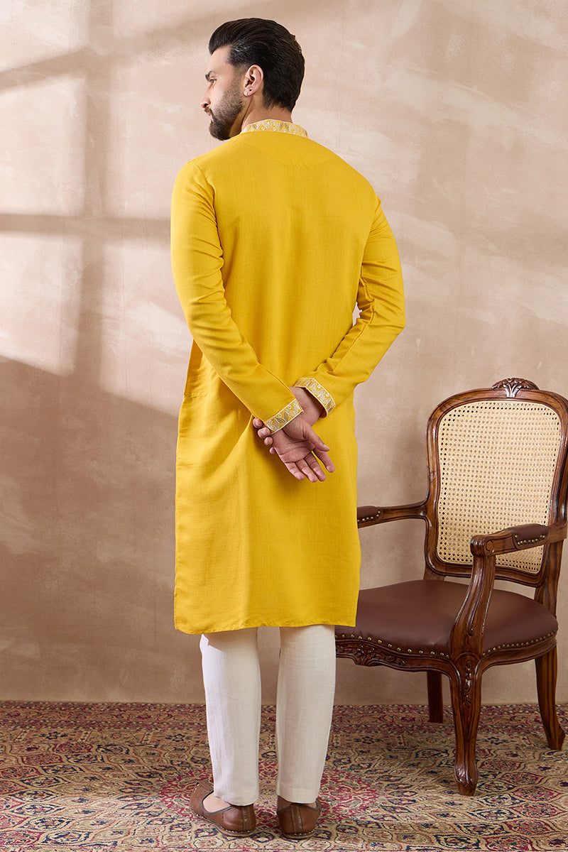 Yellow Silk Blend Embroidered Mandarin Collar Straight Kurta MKU2052