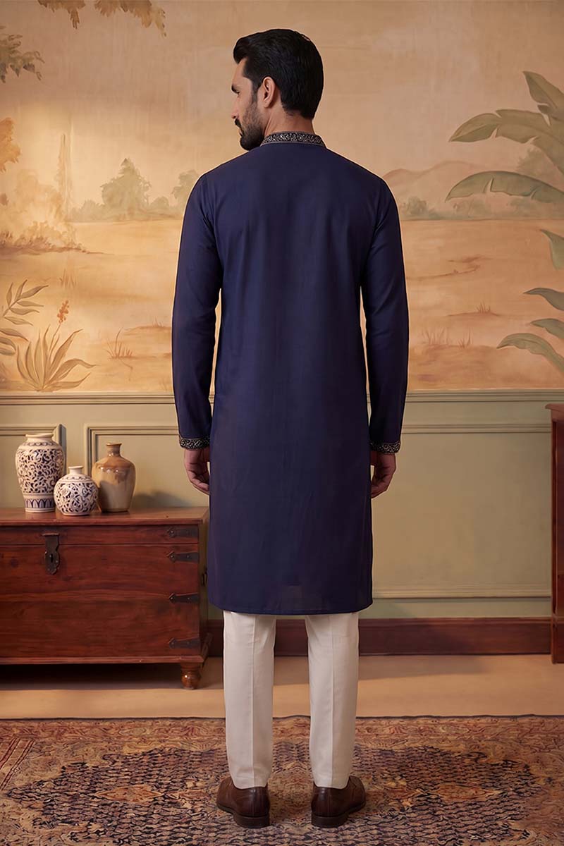 Blue Silk Blend Solid Embroidered Kurta With Trousers MKSET2075