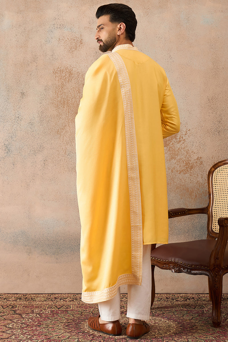 Yellow Silk Blend Floral Indian Wear for Men MKPD1037 | DesiQlo