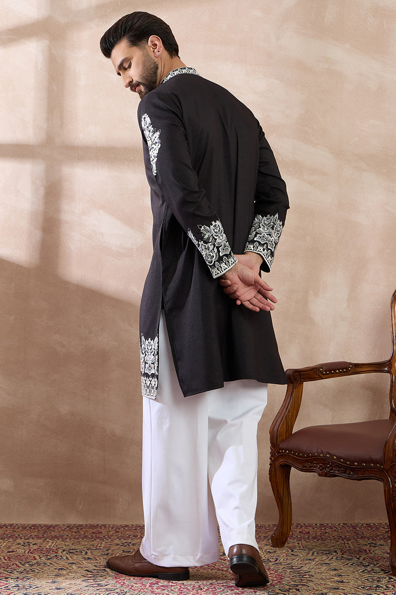Black Silk Blend Embroidered Mandarin Collar Straight Kurta With Trouser MKSET2019