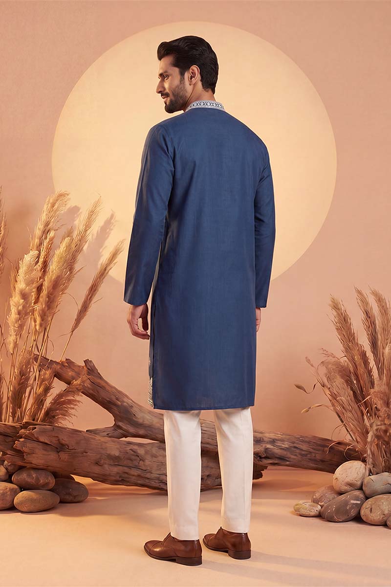 Silk Blend Blue Solid Embroidered Calf Length Straight Kurta With Trousers MKSET2274