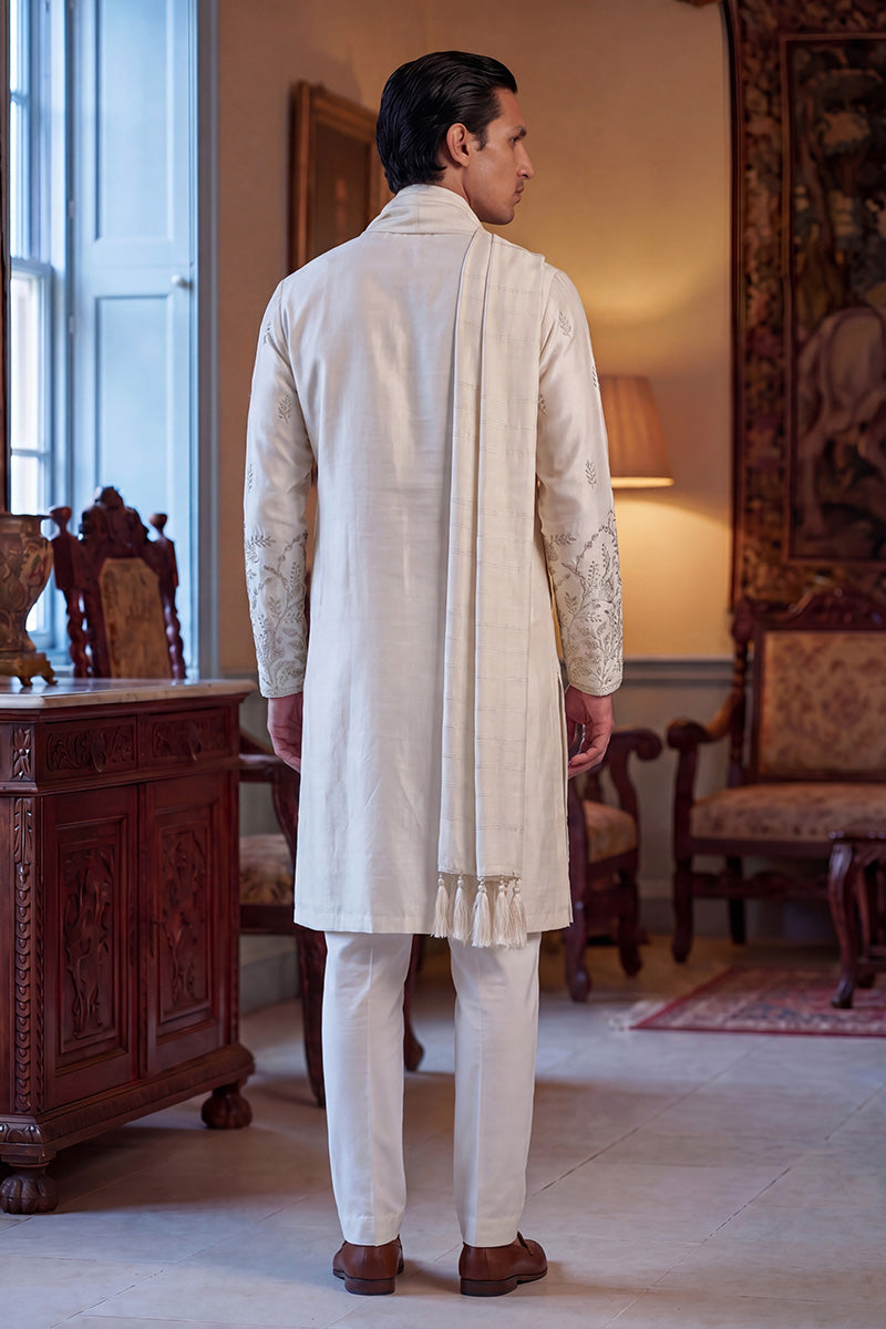 White Silk Blend Floral Embroidered Straight Kurta with Dupatta MKUD1784