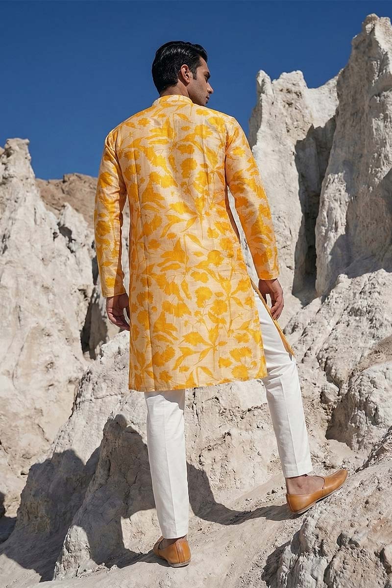 Yellow Silk Blend Printed Straight Kurta MKU2167