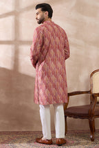 Pink Silk Blend Printed Mandarin Collar Straight Kurta With Trouser MKSET2054