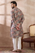 Multi Silk Blend Printed Mandarin Collar Straight Kurta MKU2001