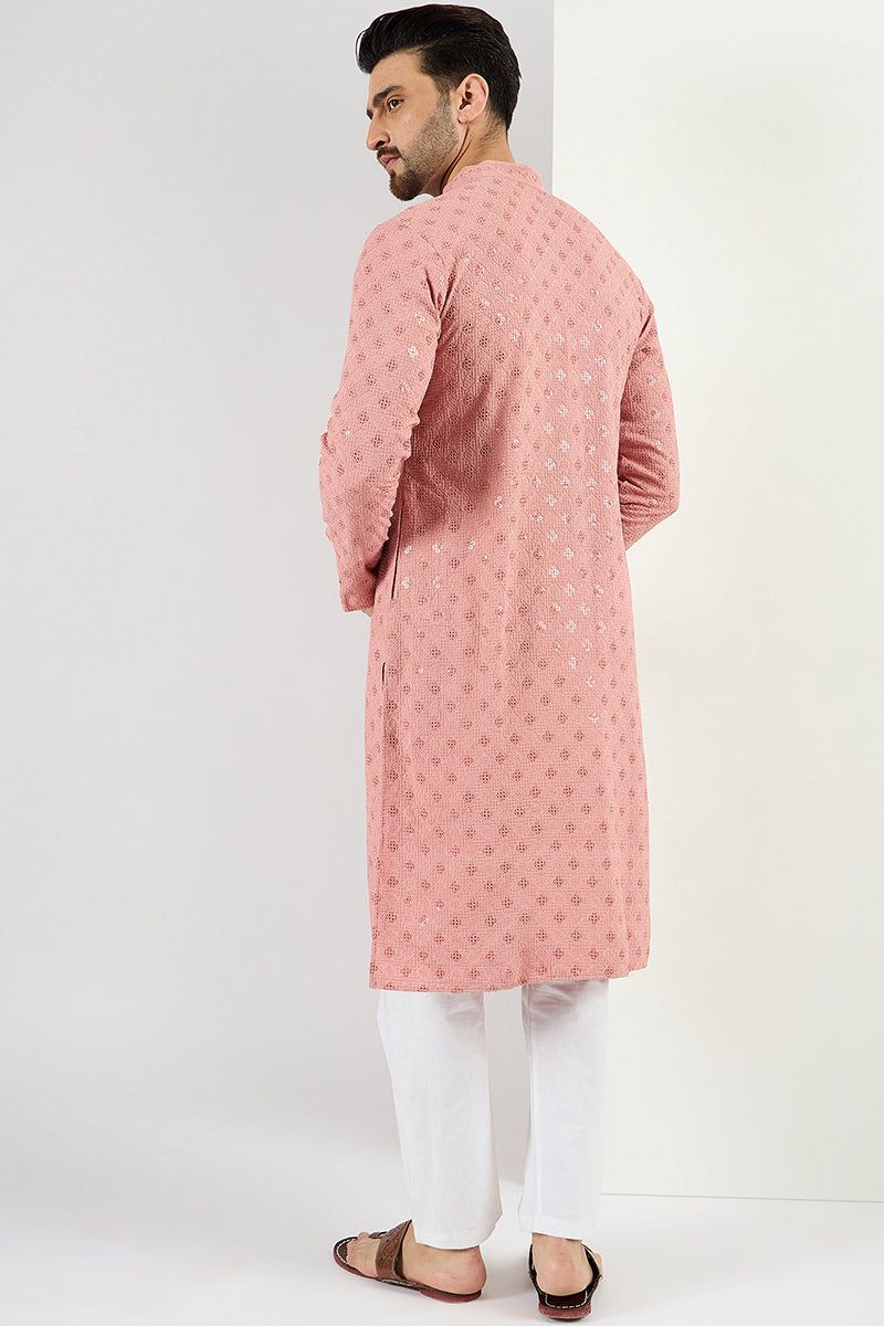 Pink Viscose Rayon Solid Embroidered Long Straight Kurta For Men MKU1060