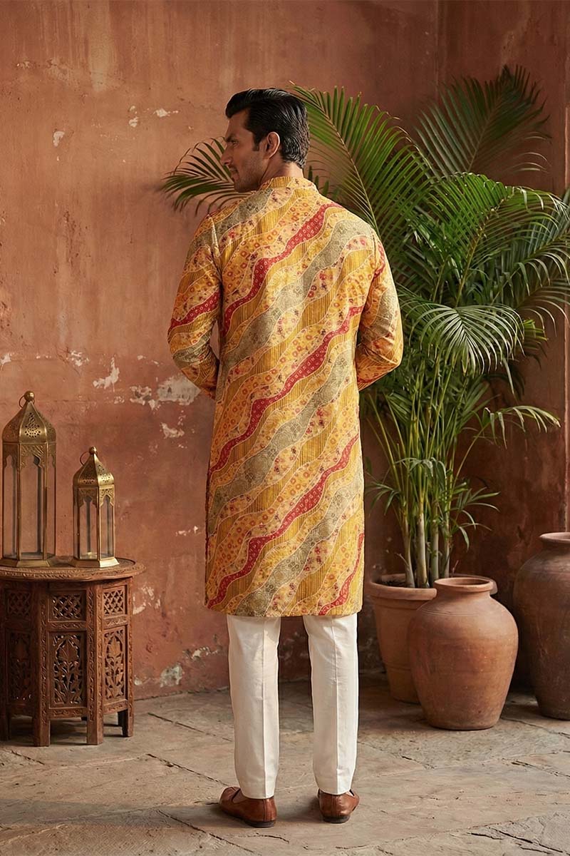 Yellow Silk Blend Printed Straight Kurta With Trousers MKSET2168