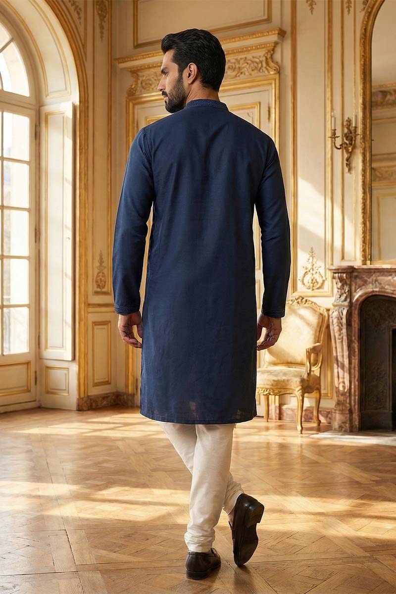 Blue Silk Blend Embroidered Straight Kurta With Trousers MKSET2124