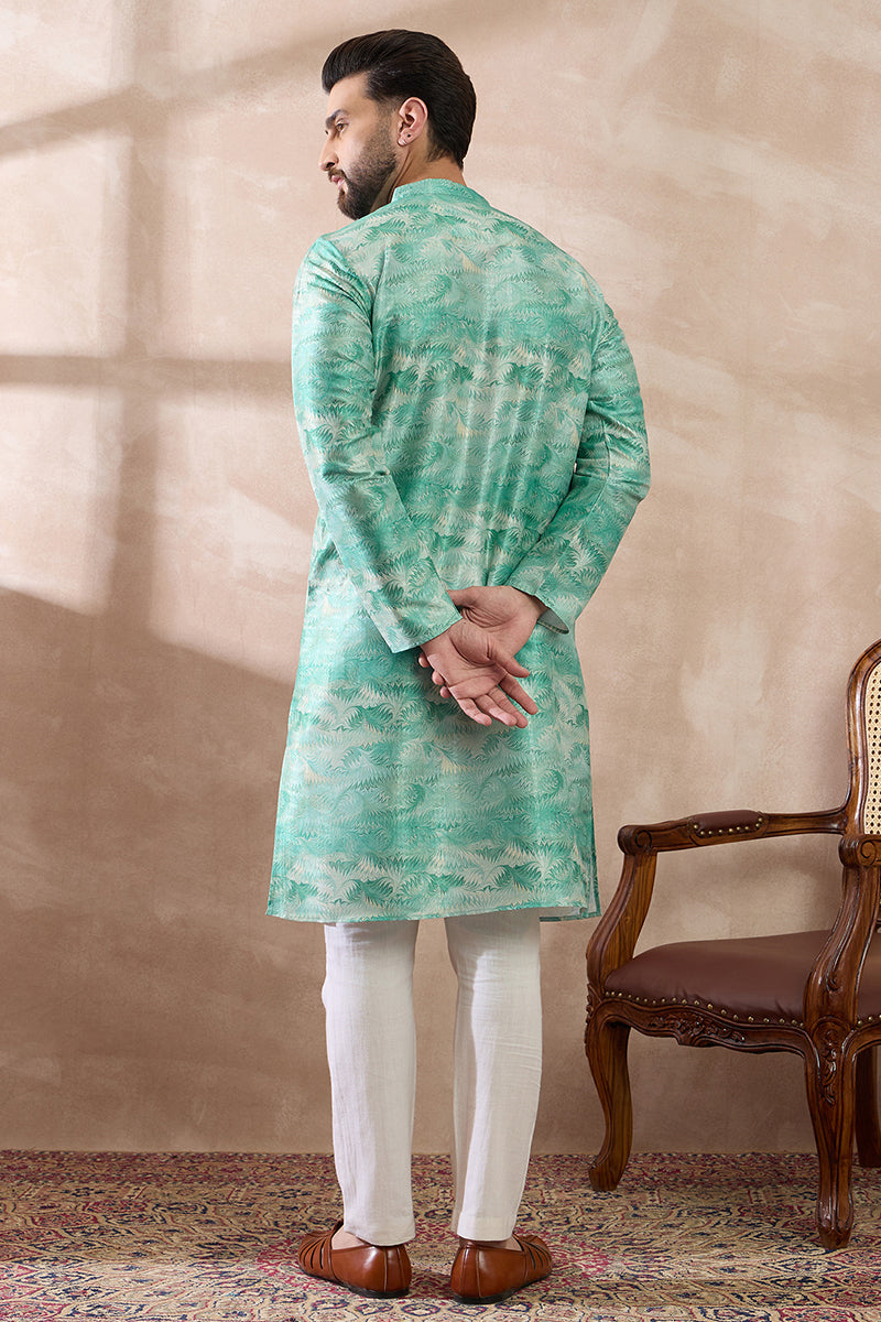 Green Silk Blend Printed Mandarin Collar Straight Kurta With Trouser MKSET2022