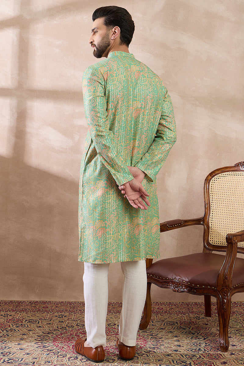 Green Silk Blend Printed Mandarin Collar Straight Kurta MKU2113