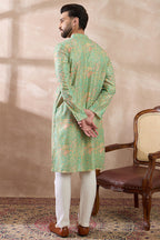 Green Silk Blend Printed Mandarin Collar Straight Kurta MKU2113