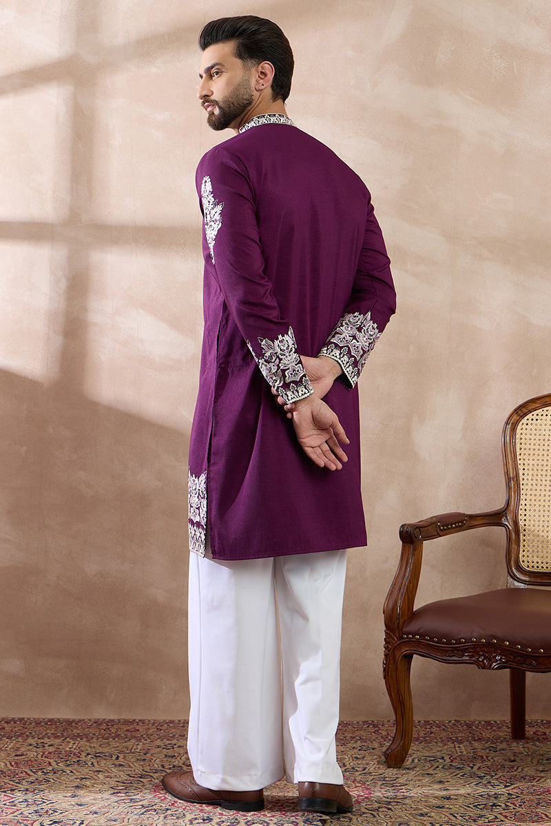 Purple Silk Blend Embroidered Mandarin Collar Straight Kurta With Trouser MKSET2018