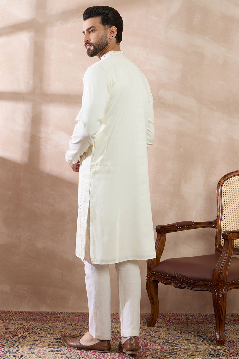 White Silk Blend Embroidered Mandarin Collar Straight Kurta MKU1891