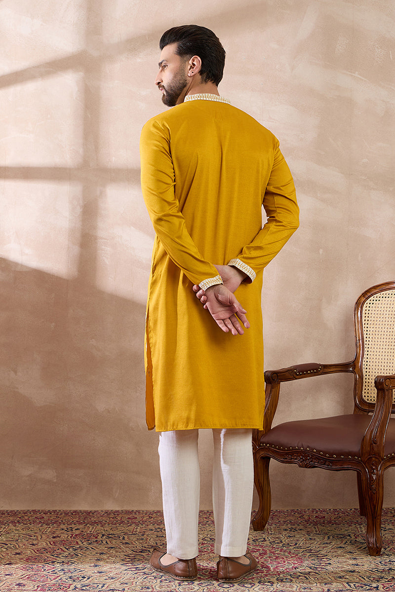 Yellow Silk Blend Embroidered Mandarin Collar Straight Kurta MKU1786