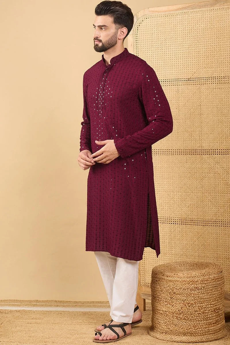 Maroon Viscose Rayon Solid Embroidered Straight Chikankari Kurta MKU1044