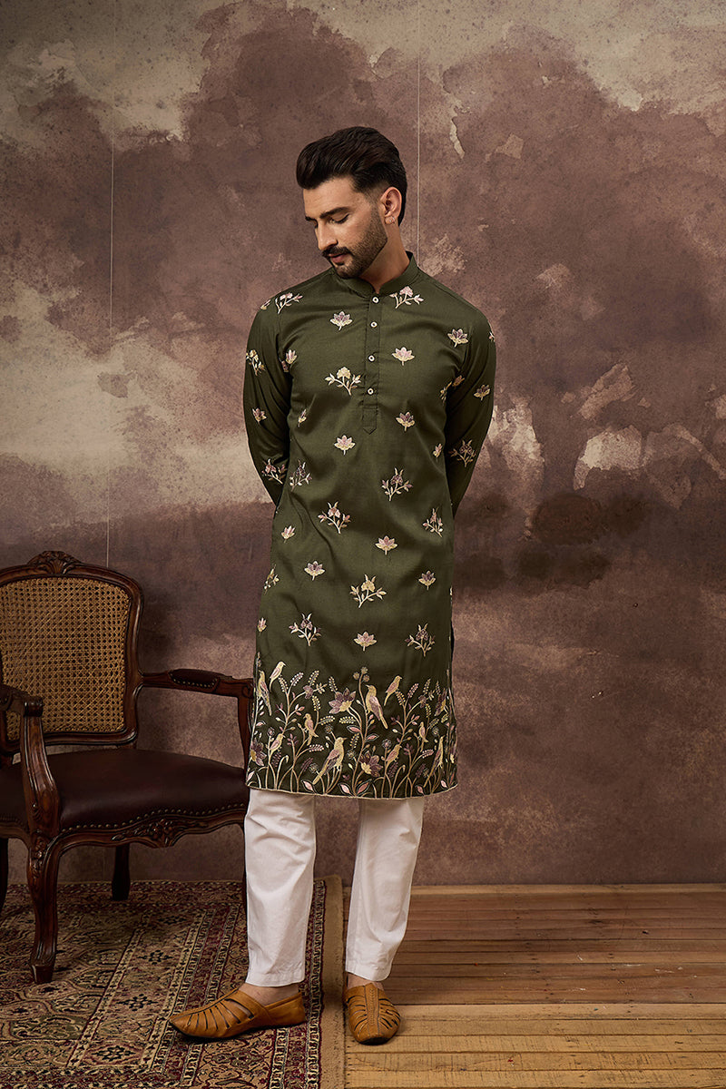 Green Silk Blend Solid Embroidered Straight Kurta MKU1338