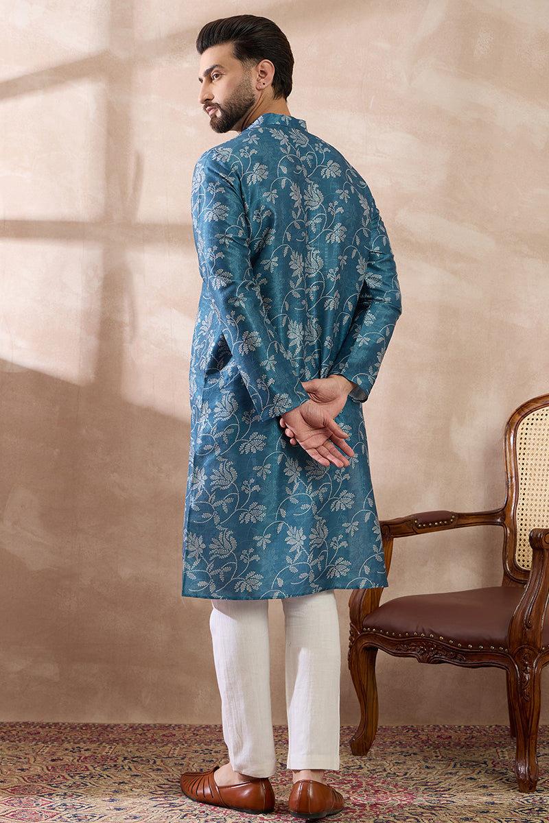 Blue Silk Blend Printed Mandarin Collar Straight Kurta MKU1998