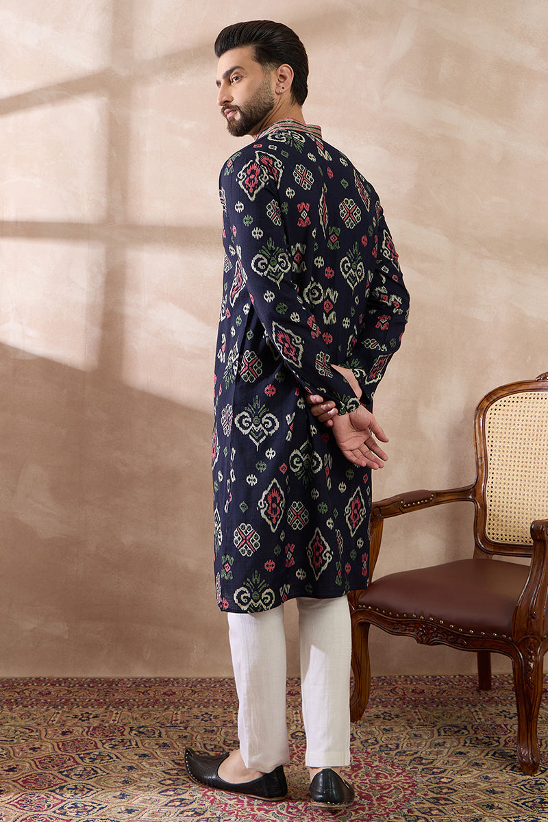 Blue Silk Blend Printed Mandarin Collar Straight Kurta With Trouser MKSET1987