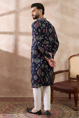 Blue Silk Blend Printed Mandarin Collar Straight Kurta With Trouser MKSET1987