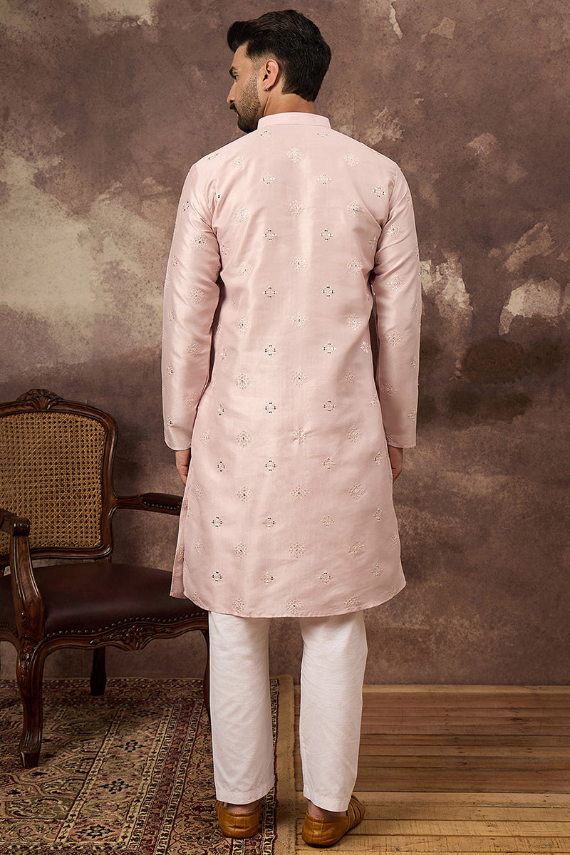 Pink Silk Blend Solid Embroidered Straight Kurta MKU1362