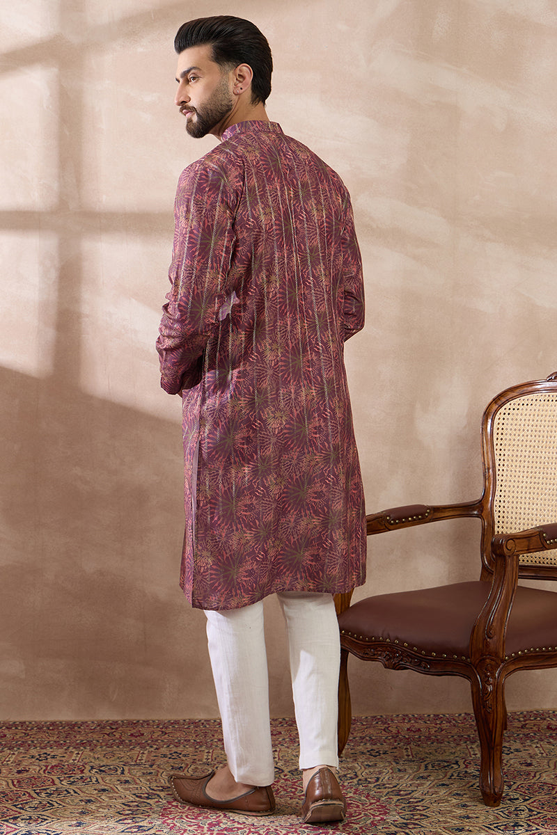 Purple Silk Blend Printed Mandarin Collar Straight Kurta MKU2023
