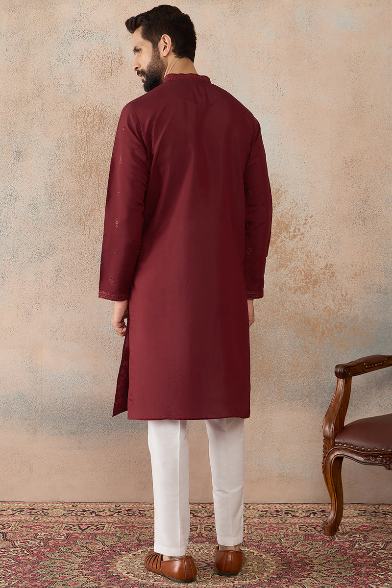 Maroon Silk Blend Solid Emboidered Straight Kurta With Trouser MKSET2289