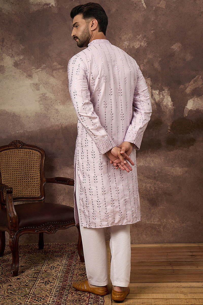 Lavender Silk Blend Solid Embroidered Straight Kurta MKU1359