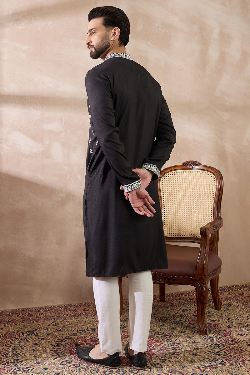 Black Silk Blend Embroidered Mandarin Collar Straight Kurta With Trouser MKSET1884