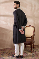 Black Silk Blend Embroidered Mandarin Collar Straight Kurta With Trouser MKSET1884