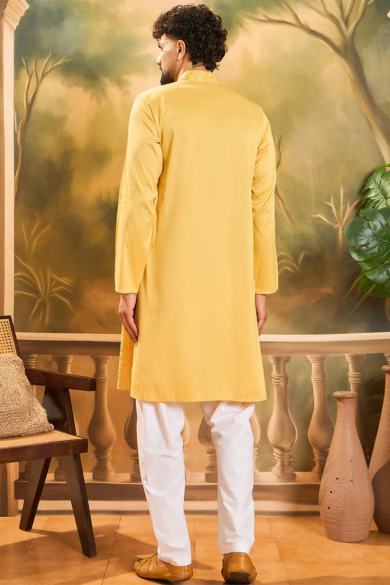 Yellow Silk Blend Solid Embroidered Straight Kurta MKU1494