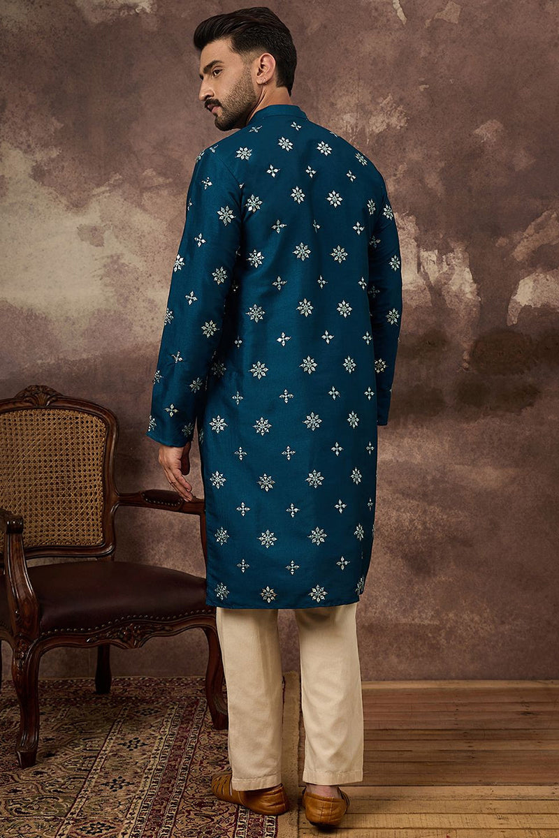 Blue Silk Blend Embroidered Indian Wear for Men MKU1371 | DesiQlo