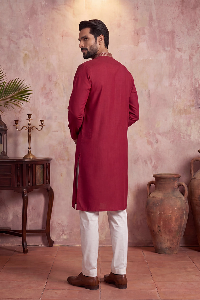 Red Silk Blend Solid Emboidered Straight Kurta MKU2375