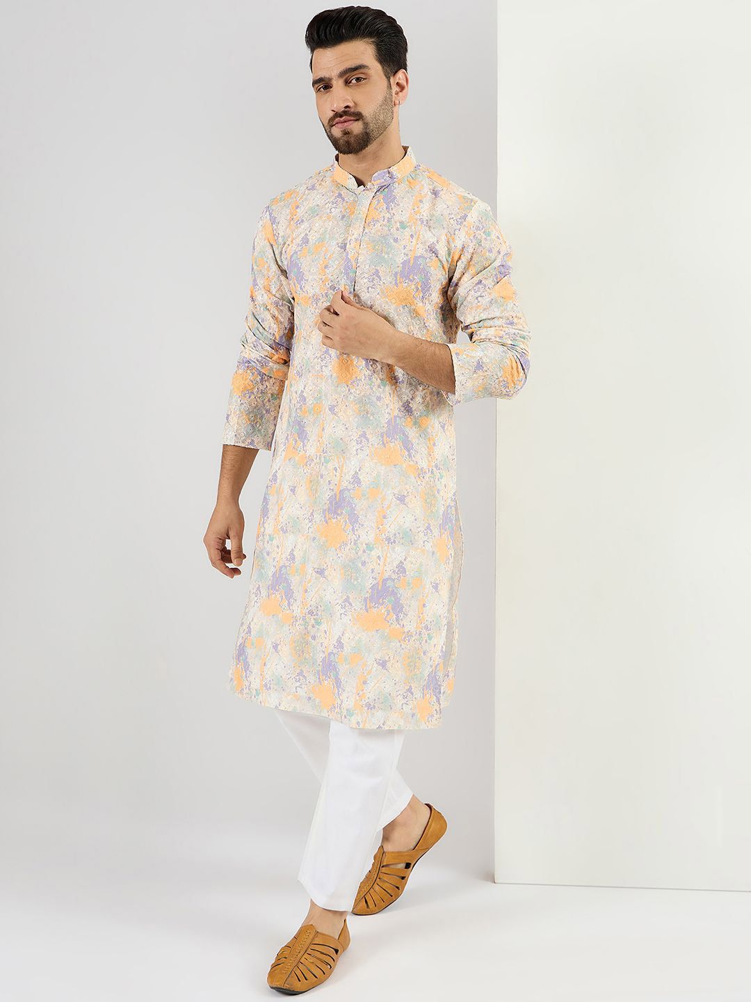 Men Off White Viscose Rayon Abstract Embroidered Straight Kurta With Pant Set-MKSET1063