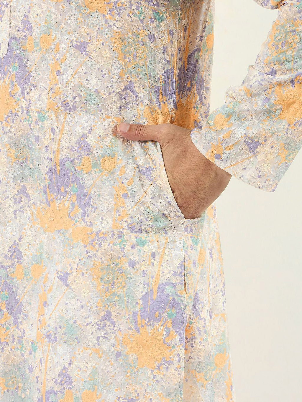Men Off White Viscose Rayon Abstract Embroidered Straight Kurta With Pant Set-MKSET1063