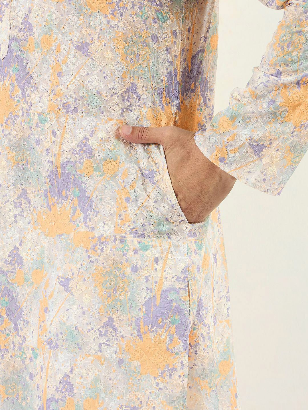 Men Off White Viscose Rayon Abstract Embroidered Straight Kurta With Pant Set-MKSET1063
