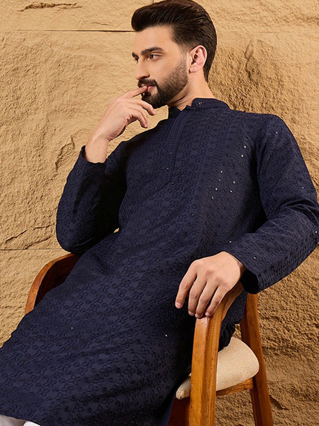 Men Blue Viscose Rayon Solid Embroidered Straight Kurta With Pant Set-MKSET1187