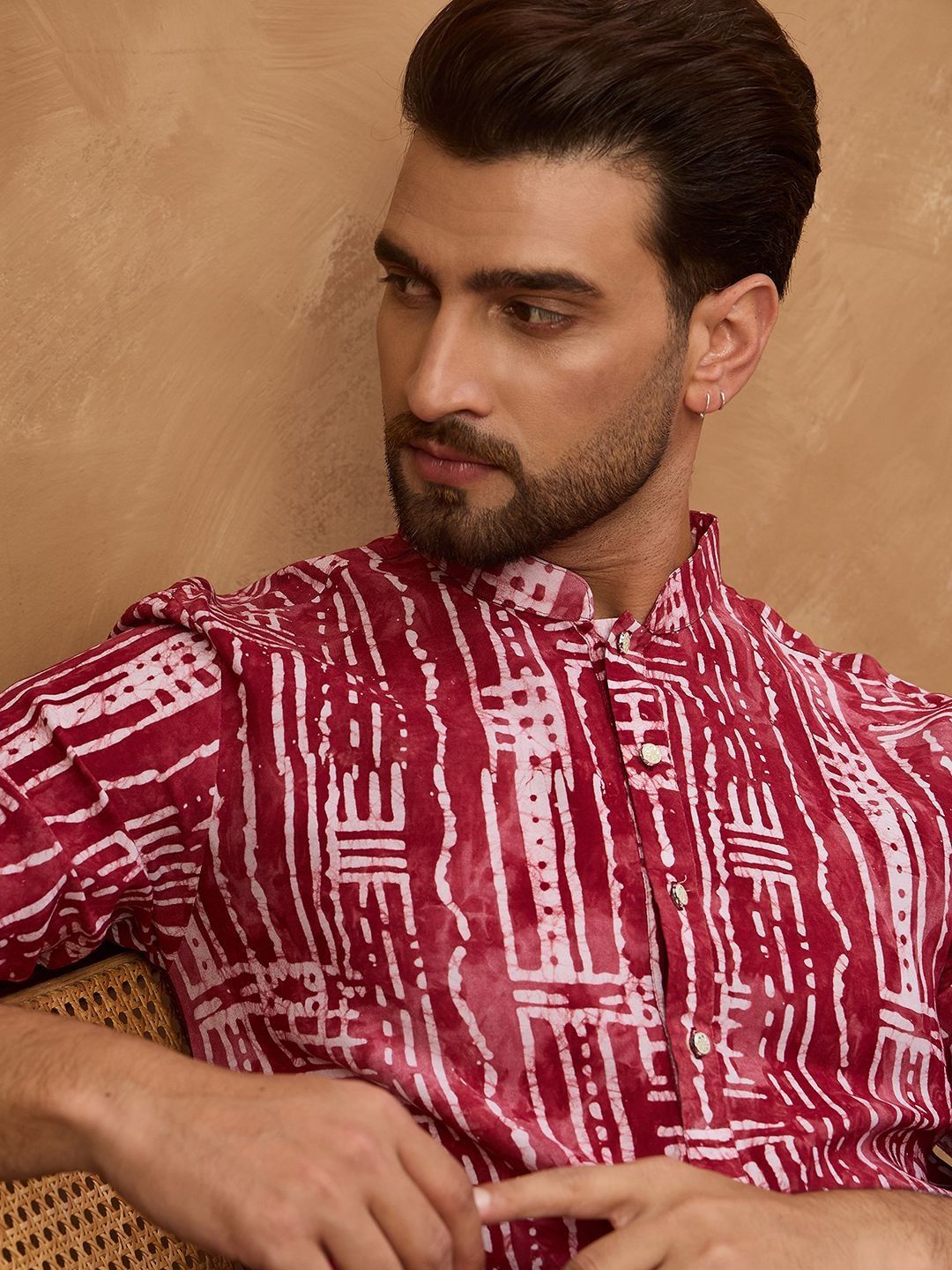Men Red Viscose Rayon Batik Embroidered Straight Kurta With Pant Set-MKSET1499