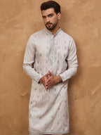 Men Grey Silk Blend Solid Embroidered Straight Kurta With Pant Set-MKSET1438