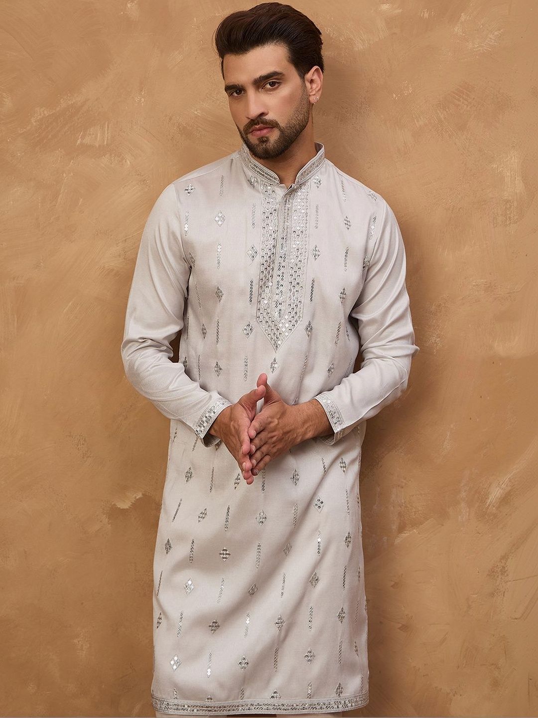 Men Grey Silk Blend Solid Embroidered Straight Kurta With Pant Set-MKSET1438