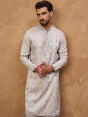 Men Grey Silk Blend Solid Embroidered Straight Kurta With Pant Set-MKSET1438