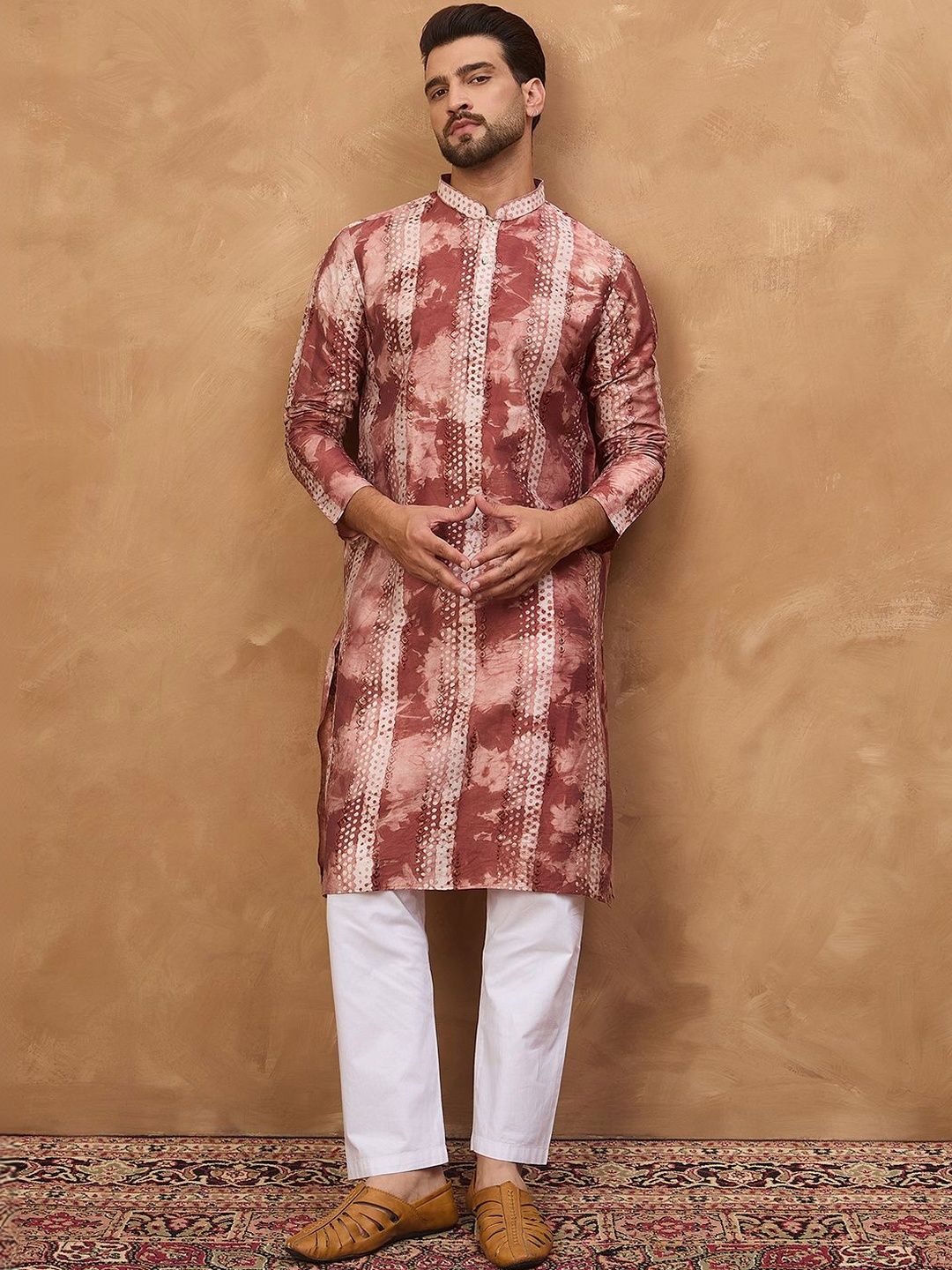 Men Brown Silk Blend Shibori Embroidered Straight Kurta With Pant Set-MKSET1539