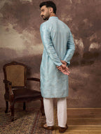Men Blue Silk Blend Solid Embroidered Straight Kurta With Pant Set-MKSET1365
