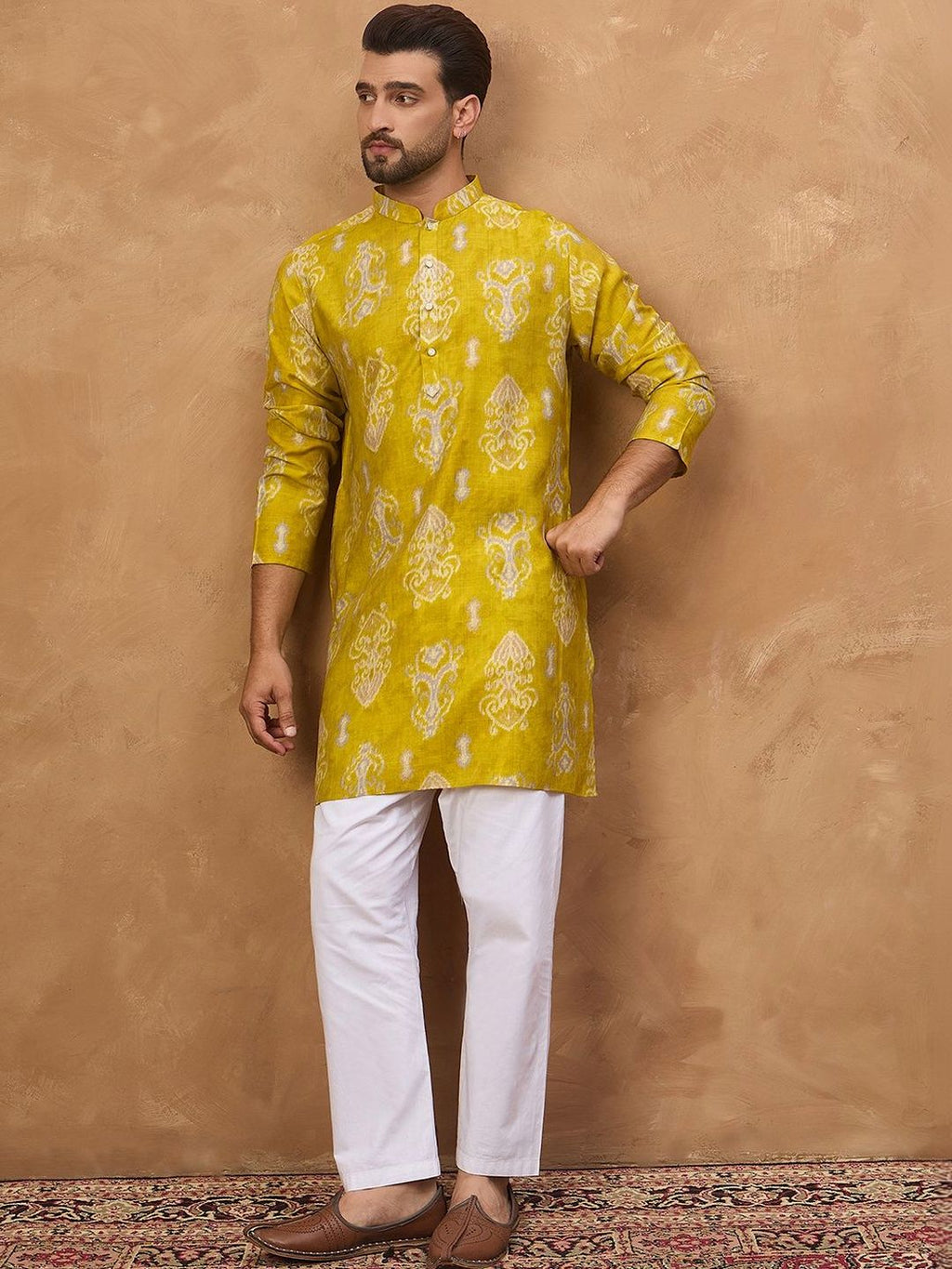 Men Yellow Viscose Rayon Ikat Printed Straight Kurta With Pant Set-MKSET1543