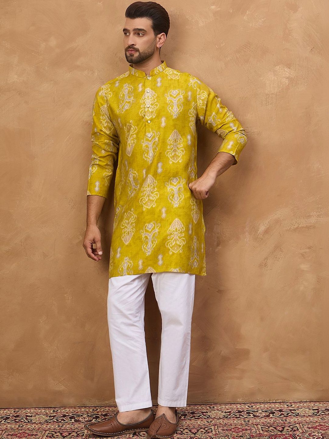 Men Yellow Viscose Rayon Ikat Printed Straight Kurta With Pant Set-MKSET1543