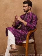 Men Purple Silk Blend Geometric Printed Straight Kurta With Pant Set-MKSET1518