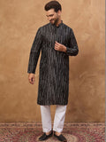 Men Black Silk Blend Geometric Printed Straight Kurta With Pant Set-MKSET1516