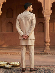 Men Embroidered Cotton Blend Indo-Western Set ( 50JIND 134Beige S )
