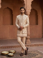 Men Embroidered Cotton Blend Indo-Western Set ( 50JIND 134Beige S )